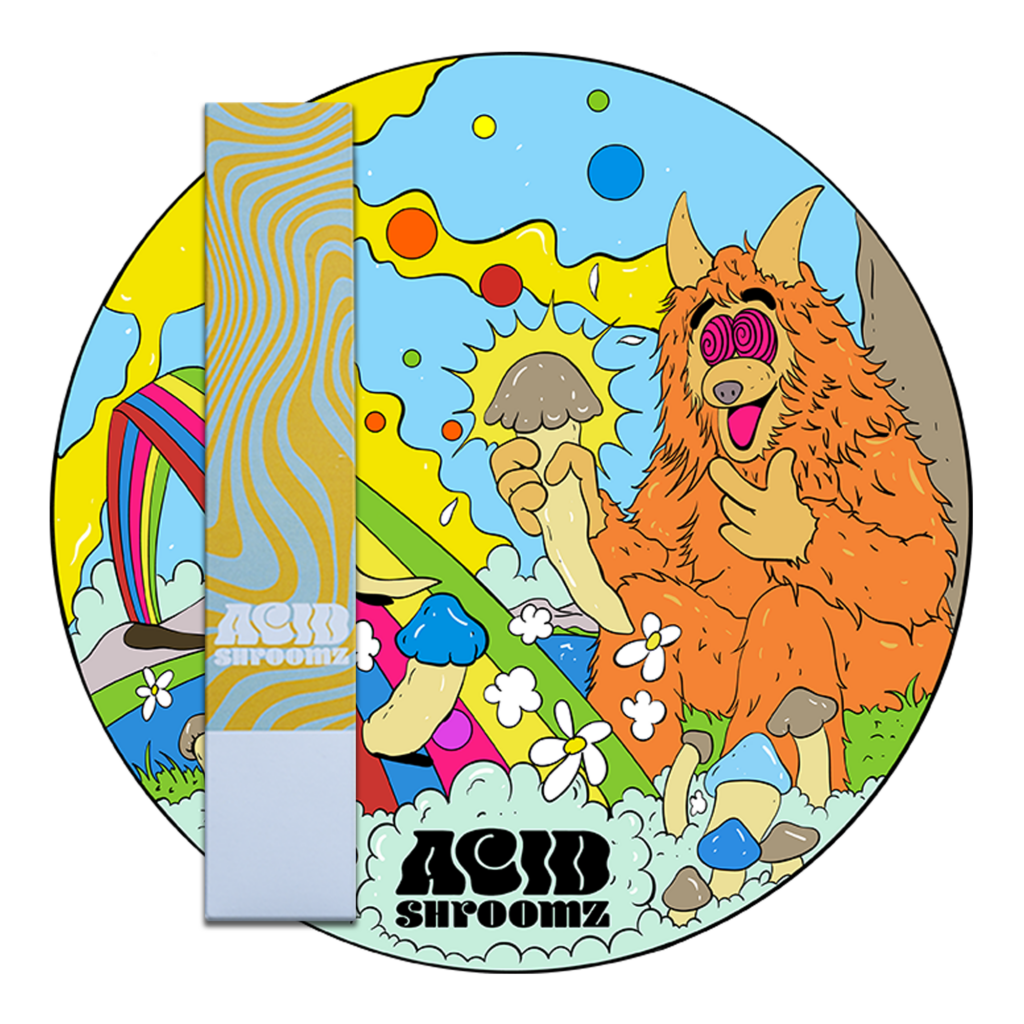 acid shroomz melmac monster logo de cultivo líquido embalaje setas mágicas