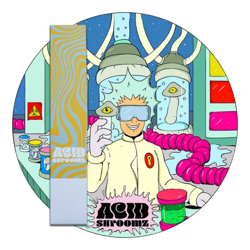 acid shroomz rusty whyte liquid culture logo packaging magic mushrooms